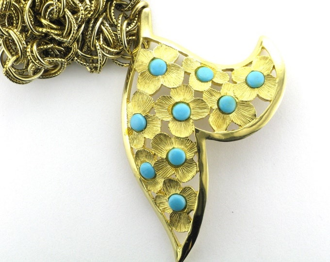 1960's Gold Tone Fun Necklace with Faux Turquoise; Flower Design Pendant; Faux Turquoise Pendant; Long Necklace; Great Necklace to Layer