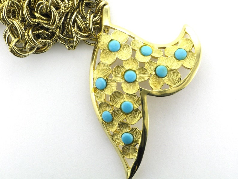 1960's Gold Tone Fun Necklace with Faux Turquoise Flower Design Pendant Faux Turquoise Pendant Long Necklace Great Necklace to Layer image 1