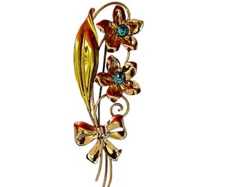 Vintage Van Dell Gold Filled Flower Brooch with Blue Rhinestones