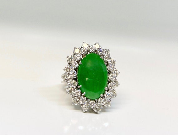 Vintage White Gold Diamond and Jade Cocktail Ring… - image 1