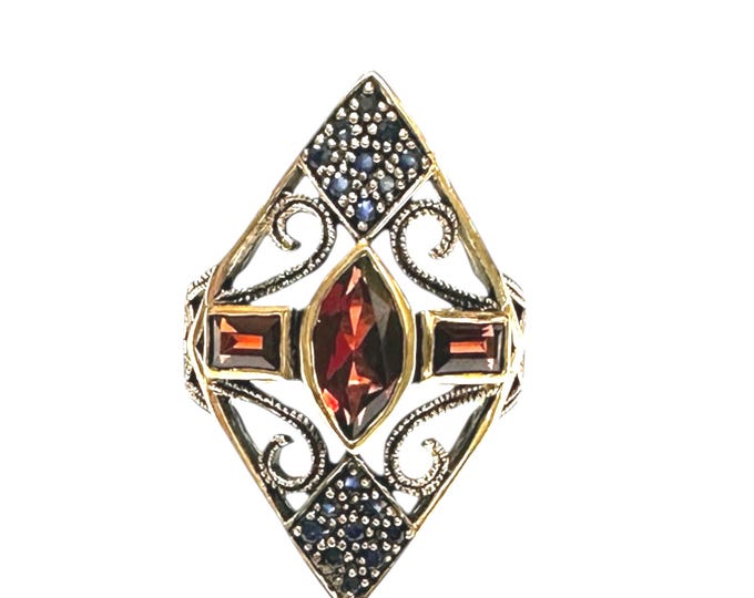 Art Deco 9k Yellow Gold Garnet & Sapphire Ring - Size 6.75