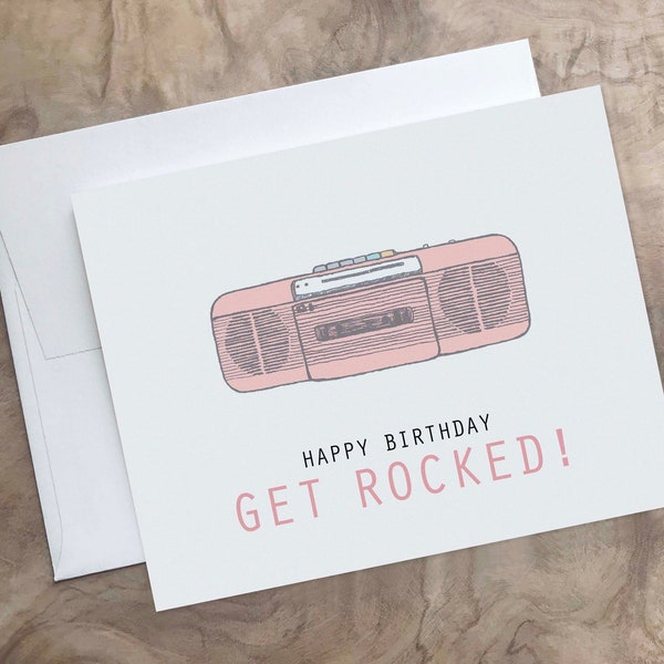 Pink Boom Box card, Rocker Birthday Card. 1980s Bday Card. 90s Nostalgia. Rock On. 80s Child Gift. Rocker Card