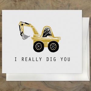 I REALLY DIG YOU Card. Sweet Adorable Valentine&#39;s Day Card. I Love You. Construction Worker Card - Blue Collar Card. Kids Valentine Card