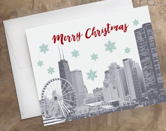 Custom CHICAGO Christmas Cards SET of 10. Handmade Chicago Holiday Cards. Merry Christmas Chicago Cards