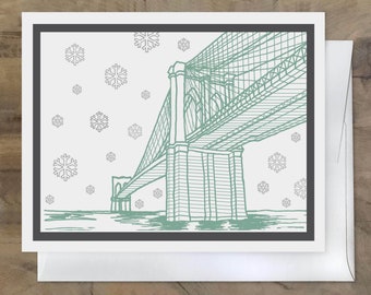 NYC Brooklyn Bridge Christmas Cards - Boxed SET of New York Holiday Cards, 8 Holiday Cards, Modern New York Cards