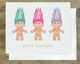 Super Awesome HAPPY BIRTHDAY TROLL doll card. Hilarious Funny Retro Card. 1990s Nostalgia. Eco & Handmade. Doll Collector Card. Trolls
