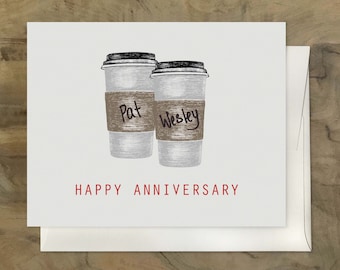 Adorable tarjeta de aniversario. Tarjeta de aniversario personalizada. Tazas de café. Tarjeta para amantes de Starbucks. Tarjeta para adictos al café. Feliz aniversario.