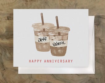 Custom Iced Coffee Cards. Adorable Anniversary Card. Custom Anniversary Card with Hand Drawn Names. Iced Coffee Cups. Coffee Addict Card.