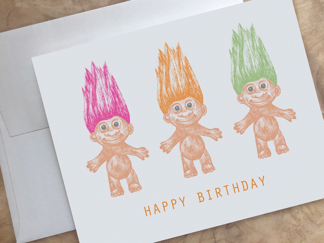 TROLL DOLL Happy Birthday Card Retro Card. Adorable Birthday Etsy