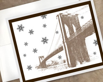 NYC Brooklyn Bridge Christmas Cards. Boxed SET of 16 New York Christmas Cards. Brooklyn Holiday Cards, Vintage New York Christmas Cards