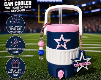 Football Inspired Can Cooler | Cowboys Can Cooler for Her | Cowboys Can Opener Keychain | Fits Standard 12 oz Cans and 12 oz Skinny Cans