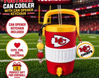 Football Inspired Can Cooler | Kansas Football Can Cooler for Her| Kansas Can Opener Keychain | Fits Standard 12oz Cans, Skinny 12oz Cans