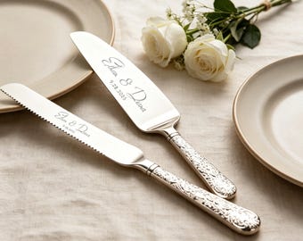 Personalized Wedding Cake Server Set Gold Silver Engraved Cake Knife and Server Set Custom Cake Cutter Vintage Bridal Shower Gift Cake Forks