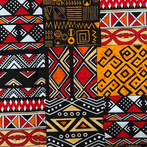 May include: A patchwork textile with geometric patterns in black, red, orange, yellow, and white. The design includes triangles, diamonds, and linear motifs, creating a vibrant aesthetic. The fabric is suitable for apparel or home decor.