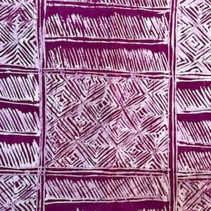 May include: Close-up of a textile with a repeating pattern in shades of purple and white. The design features geometric shapes, including squares, rectangles, and diagonal lines, creating a textured appearance. The fabric's colour is a deep purple, with the white pattern adding contrast.