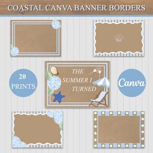 Puede incluir: Bordes de banner de Canva costeros. La imagen presenta varios dise&ntilde;os rectangulares y circulares con elementos marrones, blancos y azules. Algunos dise&ntilde;os incluyen acentos florales, conchas marinas e ilustraciones con tem&aacute;tica de playa. El texto incluye "20 PRINTS" y "Canva".
