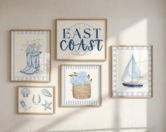 Väggkonst med kustmotiv för barnbarn (5-pack) | Utskrivbara hortensior och segelbåtar, strandinredning