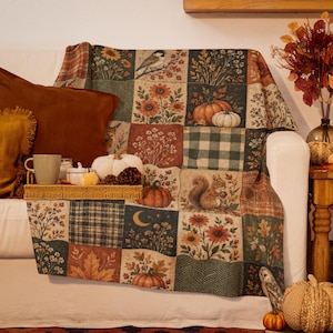 Thanksgiving Faux Patchwork Blanket, Vintage Fall Throw, Cozy Cottagecore Autumn Decor, Pumpkin Owl Black Cat Ghost Blanket, Thanksgiving