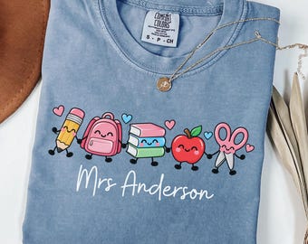 Personalized Teacher Name Shirt, Cute School Supplies Graphic Tee, Custom Mrs Teacher Gift, Kindergarten Teacher, Back to School Shirt