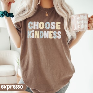 Puede incluir: Una camiseta marr&oacute;n de manga corta con el texto CHOOSE KINDNESS en una tipograf&iacute;a redondeada con patrones variados, incluyendo flores azules, cuadros vichy amarillos y rayas blancas. La prenda tiene cuello redondo y un corte holgado.