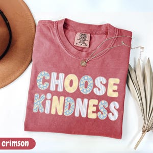 Puede incluir: Una camiseta color carmes&iacute; con cuello redondo y etiqueta Comfort Colors. El frente presenta el texto CHOOSE KINDNESS en letras grandes y redondeadas con patrones alternos de margaritas azules, rayas azul claro y cuadros vichy amarillos.