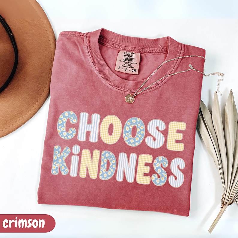 Puede incluir: Una camiseta color carmes&iacute; con cuello redondo y etiqueta Comfort Colors. El frente presenta el texto CHOOSE KINDNESS en letras grandes y redondeadas con patrones alternos de margaritas azules, rayas azul claro y cuadros vichy amarillos.