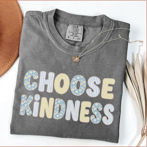 Puede incluir: Una camiseta gris carb&oacute;n de manga corta con cuello redondo y etiqueta de la marca Comfort Colors. El frente presenta el texto CHOOSE KINDNESS en letras grandes y redondeadas con patrones alternos de margaritas azules, rayas azul claro y cuadros.