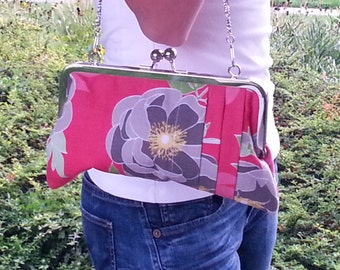 FREE SHIPPING-Red and Grey Floral Mint Truffle Clutch with Polished Nickel frame