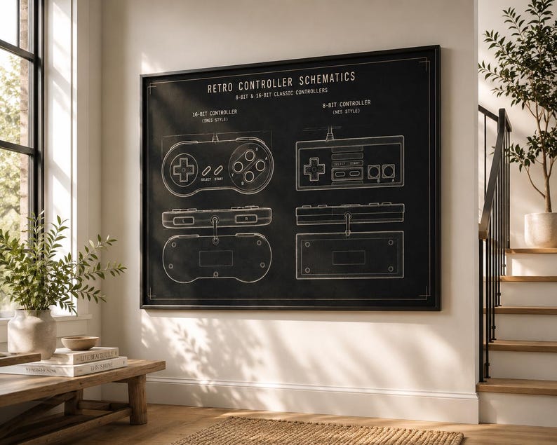 Retro Controller Schematics Poster | Vintage Gaming Blueprint Print ...