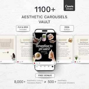 Peut inclure: Un ensemble de modèles de produits numériques intitulé 1100+ Aesthetic Carousels Vault 2026 Edition, présentant plusieurs diapositives de carrousel pour réseaux sociaux sur un écran de smartphone, avec du texte, des icônes et des éléments graphiques.