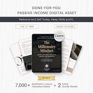 Puede incluir: Un paquete de productos digitales con un libro electrónico central titulado The Millionaire Mindset, rodeado de varias páginas de documentos. El texto incluye Done-For-You Passive Income Digital Asset, PLR & MRR, Ready to Resell, Fully Canva Editable y Bonus 7,000+ Aesthetic Luxury Faceless Reels + 2 Extra Guide Books.