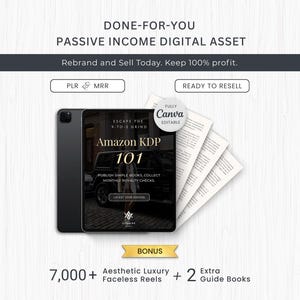 Può includere: Un pacchetto di prodotti digitali con un tablet che mostra una guida Amazon KDP 101, una pila di pagine bianche e testi che indicano Done-For-You Passive Income Digital Asset, PLR & MRR, Ready To Resell, e un bonus di 7.000+ reels.