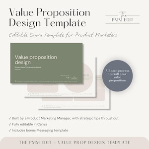 以下が含まれることがあります： 「Value Proposition Design Template」というタイトルのデジタルマーケティングテンプレート。テキストは「Editable Canva Template for Product Marketers」です。デザインには、「Value proposition design」という言葉が入った緑色のカードと、「A 3 step process to craft your value proposition」というテキストが入った円形のグラフィックが含まれています。