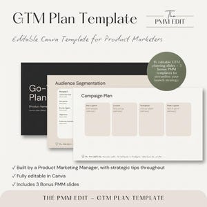 May include: A digital marketing template titled "GTM Plan Template" with the text "Editable Canva Template for Product Marketers." The template includes sections for audience segmentation and campaign planning, with a neutral colour palette.