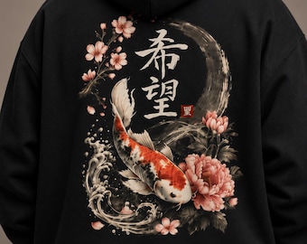 Koi Fish Hoodie | Chinese Hope Character, Floral Accent