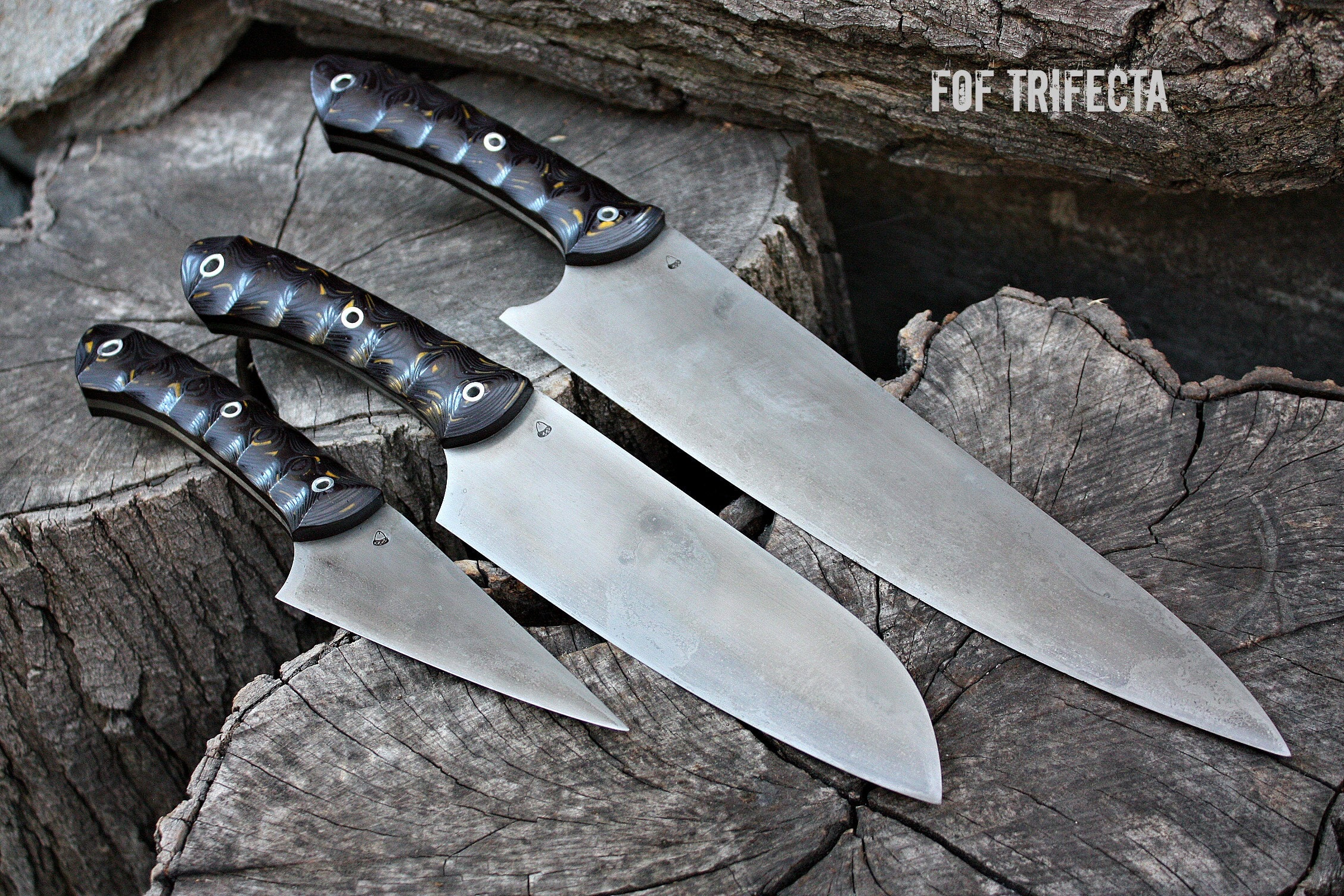 Handcrafted Fallen Oak FOF Trifecta kitchen knife set