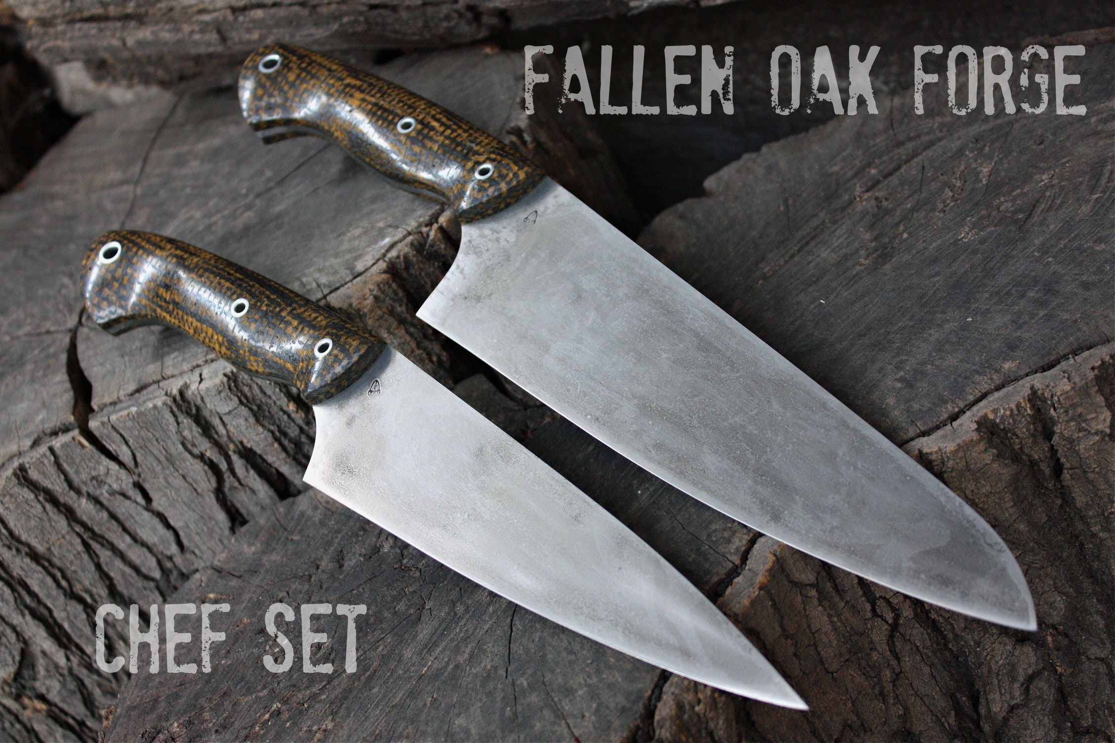 Handcrafted blade Fallen Oak Forge FOF Chef set full tang kitchen blades
