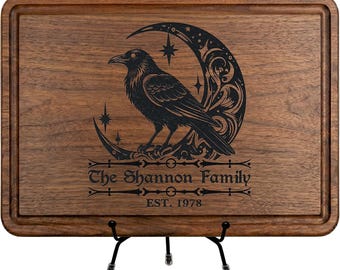 Personalized Black Raven Lover Gifts for Housewarming, Halloween Wedding, Couples, Crow Engraved Cutting Board for Her, Witchy Christmas