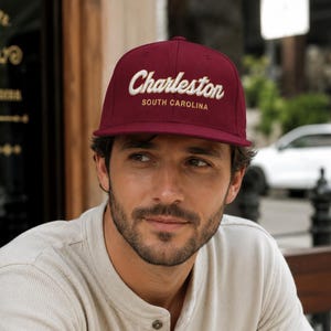 Charleston South Carolina Hat | Vintage Script Snapback | Maroon Collegiate Cap | Embroidered SC Gift | Charleston Souvenir Hat