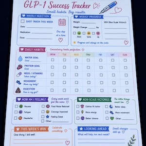 May include: A white paper GLP-1 Success Tracker sheet featuring colorful headers, icons, and sections for weekly injections, daily habits, feelings, and non-scale victories. The layout includes checkboxes, lines for notes, and motivational text.