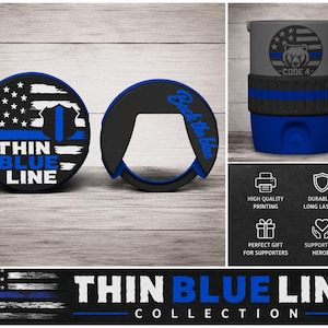 May include: A beverage cooler set featuring a Thin Blue Line American flag design with a bear emblem and the text Code 4. The set includes a circular lid with the text Thin Blue Line and a black ring with the text Back the Blue in blue script.