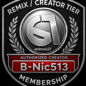 May include: A shield-shaped emblem with a black background and silver metallic border. It features the text REMIX / CREATOR TIER, a central circular logo with the characters 67 and animuL67, and a red bar displaying AUTHORIZED CREATOR B-Nic513 MEMBERSHIP.