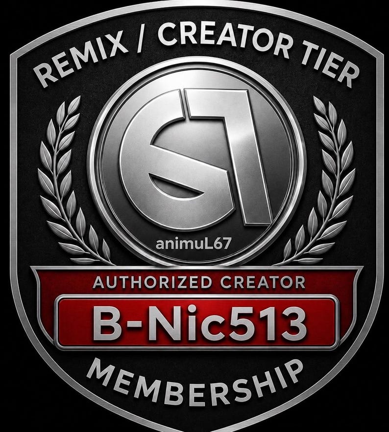 May include: A shield-shaped emblem with a black background and silver metallic border. It features the text REMIX / CREATOR TIER, a central circular logo with the characters 67 and animuL67, and a red bar displaying AUTHORIZED CREATOR B-Nic513 MEMBERSHIP.