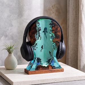 Lámpara de Resina Océano y Soporte para Auriculares, Luz Nocturna Tiburón Ballena Buzo, Decoración Escritorio Gamer, Regalo Buceo para Él