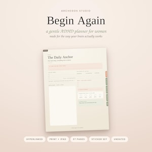 May include: A digital planner page titled The Daily Anchor by Archegos Studio, featuring sections for tasks, brain dump, and daily habits. The layout includes soft pastel accents in pink and green, with side navigation tabs and text labels for daily planning.