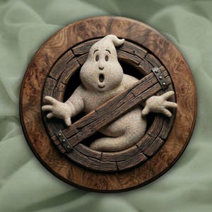 Könnte beinhalten: Ein Wandkunstwerk aus Holz zum Thema Ghostbusters. Das Kunstwerk zeigt eine geschnitzte, überrascht aussehende Geisterfigur, die aus einem Holzkreis auftaucht, mit einem Holzbalken über der Brust. Das Ganze ist vor einem grünen Hintergrund platziert.