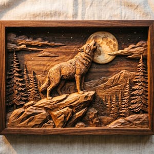 May include: A rectangular wooden wall art piece featuring a detailed relief carving of a wolf howling at a full moon. The scene includes pine trees, rocky terrain, and clouds set against a dark background, all enclosed in a dark wood frame.
