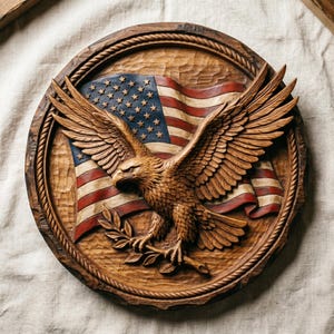 Peut inclure: Une plaque murale circulaire en bois représentant un pygargue à tête blanche sculpté à la main, ailes déployées, tenant une branche d'olivier. Derrière l'aigle se trouve un drapeau américain sculpté peint en rouge, blanc et bleu.