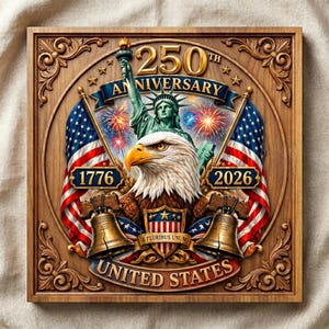 Peut inclure: Une plaque en bois carrée présentant un motif pour le 250e anniversaire avec la Statue de la Liberté, un pygargue à tête blanche, deux drapeaux américains et deux cloches. Le texte indique 250TH ANNIVERSARY, 1776, 2026, UNITED STATES et E PLURIBUS UNUM.