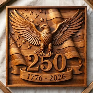 Peut inclure: Une plaque murale carrée en bois sculpté représentant un aigle américain aux ailes déployées sur un fond de drapeau ondulant. Le nombre 250 est affiché au-dessus d'une bannière gravée des années 1776 - 2026 dans une police à empattements.